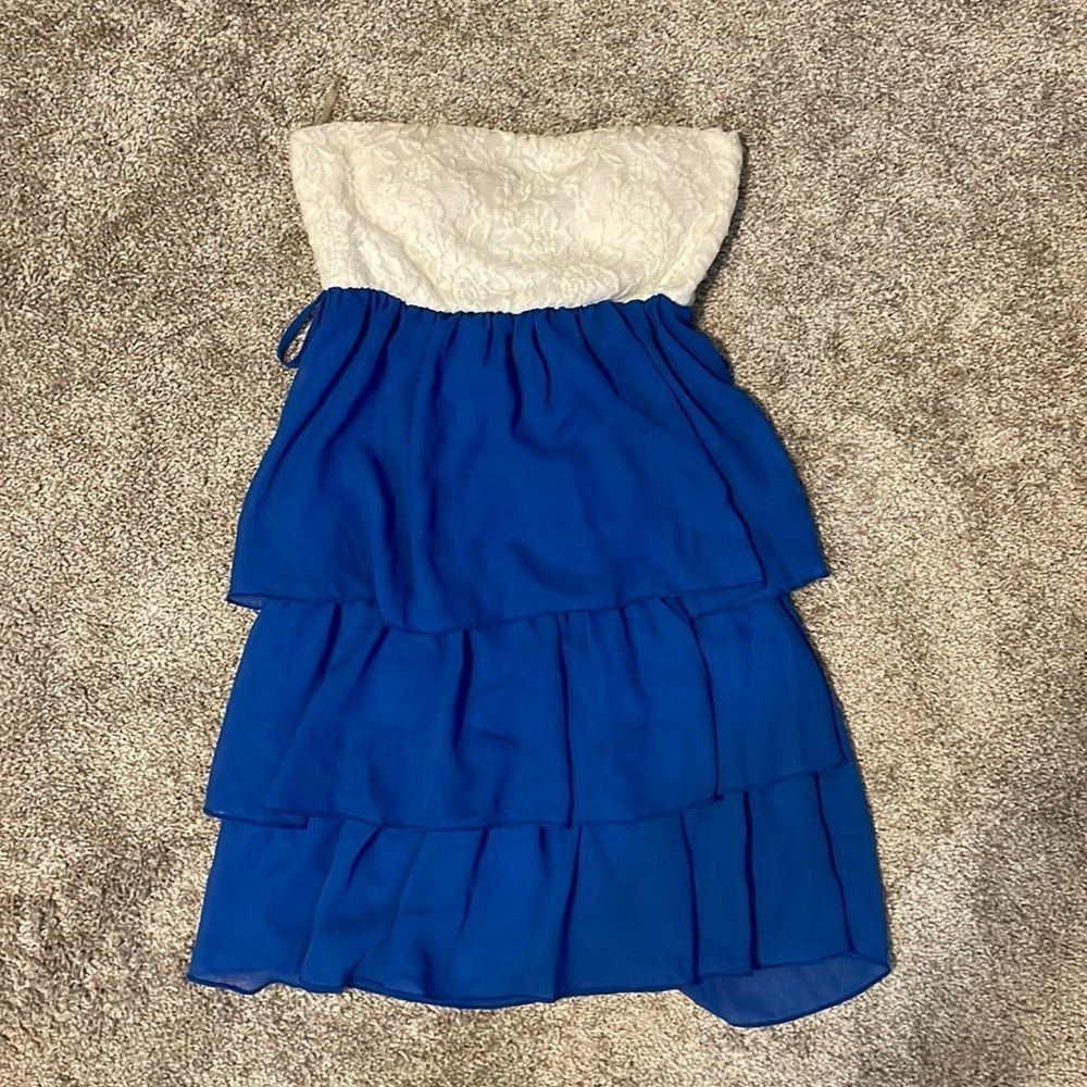 White and Blue Lace Ruffled Strapless Short Dress w/ Belt Loops
